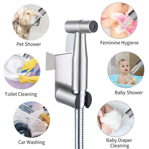 Handheld Bidet Sprayer For Toilet With Adjustable Water Pressure, Leak Proof Food Grade Stainless Steel Hose, various uses.