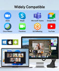 Total Game Changer 4K Center Screen Webcam With Punchy Mic And Lightning Autofocus displayed on dual monitors with software logos.
