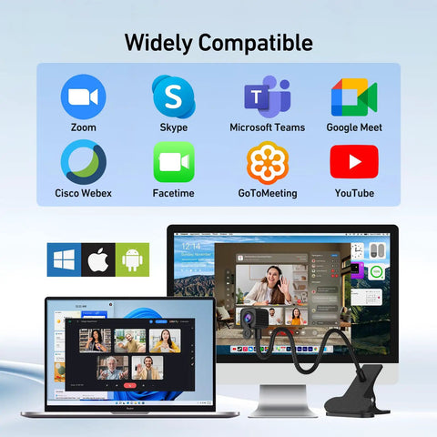 Total Game Changer 4K Center Screen Webcam With Punchy Mic And Lightning Autofocus displayed on dual monitors with software logos.