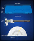 Digital caliper with LCD display (6-inch) in a blue plastic case; folding protractor gauge; three-piece kit.