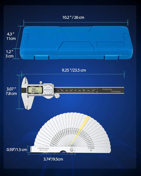 Digital caliper with LCD display (6-inch) in a blue plastic case; folding protractor gauge; three-piece kit.