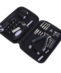 Must Have Home Repair Starter Tool Kit With Ten Bit Set Four Screwdrivers Tape Measure Pliers Hex Wrenches In Durable Iron Storage Box For DIY Beginners And Homeowners showing open case with tools secured inside.
