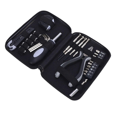 Must Have Home Repair Starter Tool Kit With Ten Bit Set Four Screwdrivers Tape Measure Pliers Hex Wrenches In Durable Iron Storage Box For DIY Beginners And Homeowners showing open case with tools secured inside.