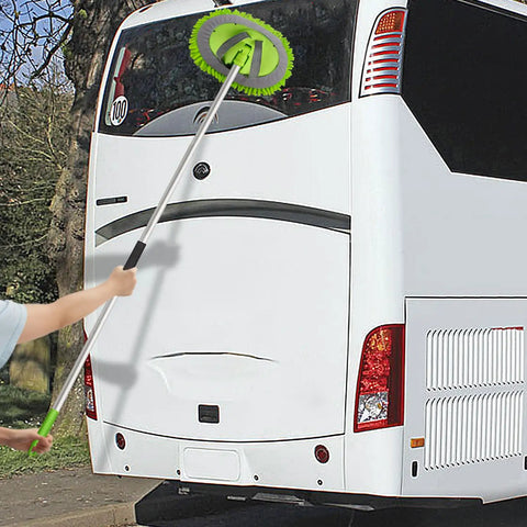 Using 62 Inch Microfiber Car Wash Brush Mop Kit with long handle and chenille head cleaning rear of a white bus.