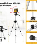 Green Cross Line Laser Level With Tripod Self Leveling For Indoor Outdoor Use 82 Ft Range Picture Hanging Tile And Wall Renovation Tool DIY Home Improvement showing extendable tripod features, aluminum frame and adjustable angles.
