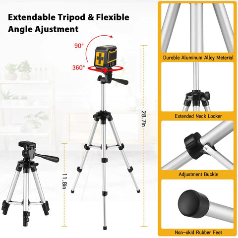 Green Cross Line Laser Level With Tripod Self Leveling For Indoor Outdoor Use 82 Ft Range Picture Hanging Tile And Wall Renovation Tool DIY Home Improvement showing extendable tripod features, aluminum frame and adjustable angles.