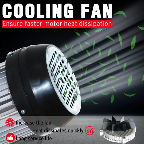 Cooling fan close-up with black motor housing and white grille, green leaf graphics in the background.
