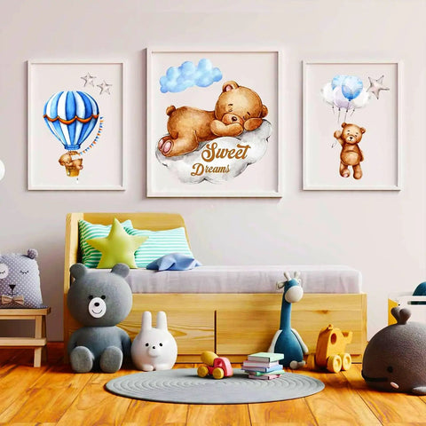 Moon And Stars Sleeping Bear Wall Stickers Set for Nursery Decor with dreamy hot air balloon and teddy bear theme in cozy baby room.