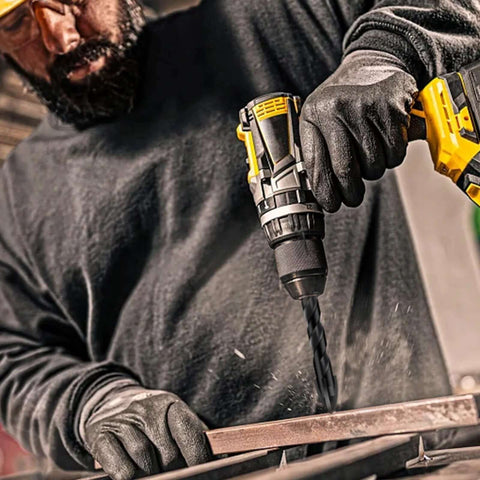 Close-up of cordless drill with Meccion masonry drill bits set, 5 pcs, 1/8 in x 3.6 in, tungsten cross-tip.