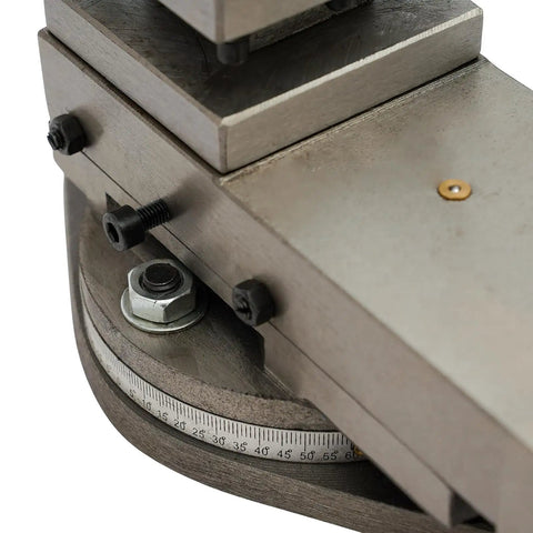 Upgraded At300 Lathe Tool Post Assembly Boasting Rock Solid Construction showing 360 degree rotating table and precision scale.
