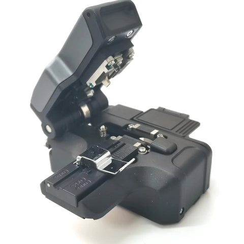 One Step Fully Automatic Fiber Cutter And Fusion Splicer with open lid, Pro Grade Fiber Cleaver, drop tested and built tough for precision.