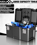 Open black and gray large capacity toolbox filled with tools, featuring top storage trays and concealed handles