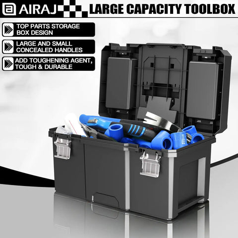 Open black and gray large capacity toolbox filled with tools, featuring top storage trays and concealed handles