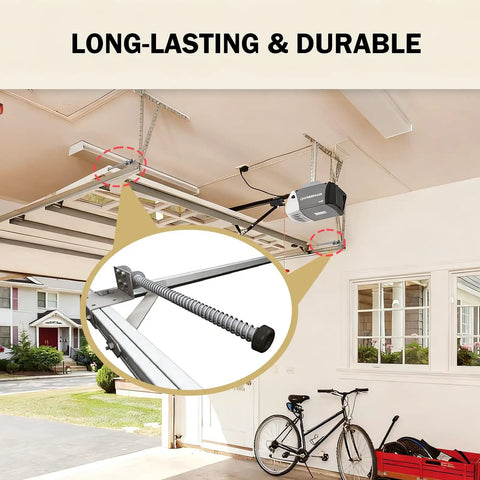 Beefed Up Heavy Duty Garage Door Pusher Springs Pair For Opener System Left And Right Plunger Bumpers 20 Inch Cable Protection Durable Replacement Parts For Smooth Quiet Garage Door Operation in a residential garage setup, emphasizing durability.