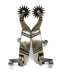 Ladies Antique Brown Western Spurs With 1 Inch Steel Band Silver Overlay Trim 2 Inch Raised Shank For Control One And A Quarter Inch Brown Steel Rowels For Smooth Engagement Comfortable 3 Inch Opening.