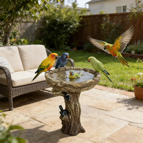 23 Inch Tall Pedestal Bird Bath With Woodland Tree Trunk Decor, Fiber Reinforced Concrete Outdoor Bird Bath For Garden Patio Lawn Backyard