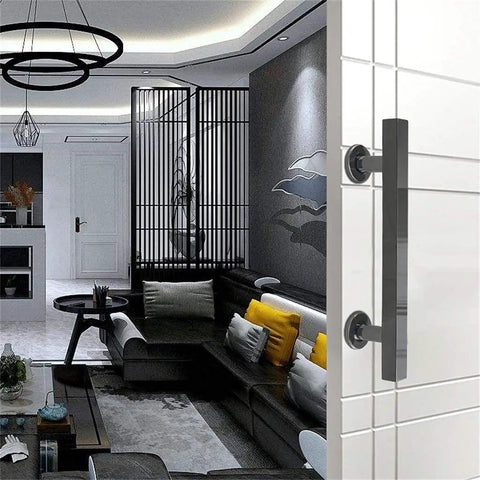 Stainless Steel Glass Door Handle Set For Home And Barn Doors 30cm Alloy Push Pull Hardware shown in modern interior