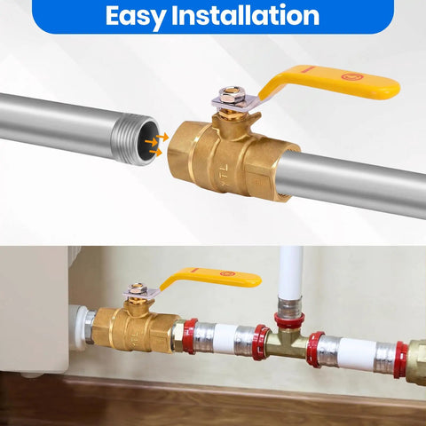 Heavy Duty Full Port Brass Ball Valve 3/4 Inch Threaded Pipe Fitting for Water Air Oil and Gas installed on pipes.