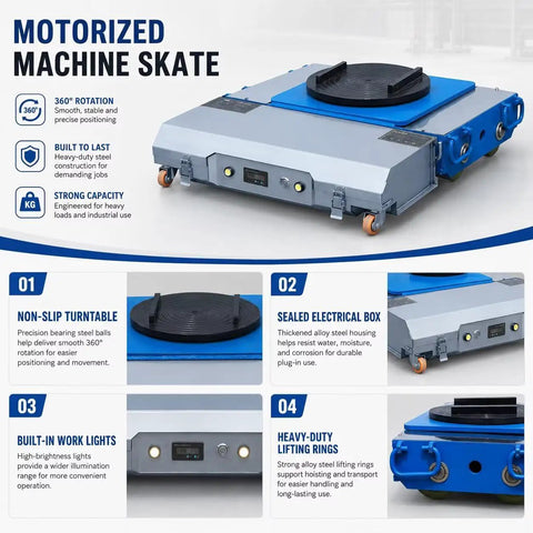 Heavy Duty 30 Ton Electric Machinery Skate Dolly With Remote Control Featuring 360 Degree Rotating Load Plate And High Power Low Noise Motors for industrial use.
