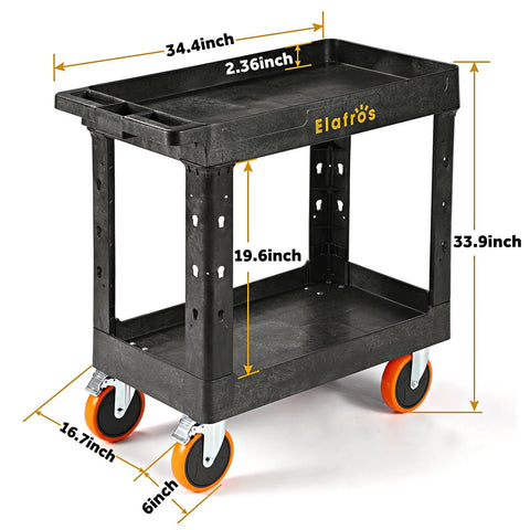 Heavy Duty Plastic Utility Cart 34 By 17 Inches With Deep Shelves And Full Swivel 6 Inch Casters holds up to 550 lbs