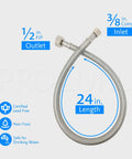 Two Pack 24 Inch Braided Stainless Steel Faucet Supply Line With Three Eighths Inch Compression To One Half Inch FIP Connector