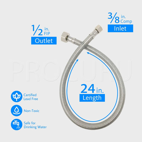 Two Pack 24 Inch Braided Stainless Steel Faucet Supply Line With Three Eighths Inch Compression To One Half Inch FIP Connector