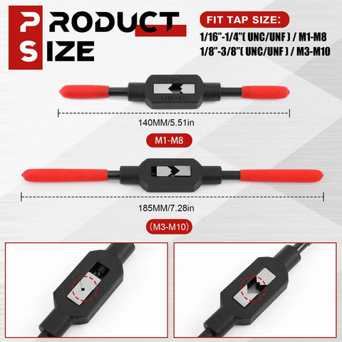 Heavy Duty Adjustable Tap Wrench Set Built Tough With No Hassle Ratcheting Handle For Gearheads And Machinists Covers M1 Through M10 Threads Includes Two Pre Oiled Tools That Work Absolutely Legit, showing size details for M1-M8 and M3-M10.