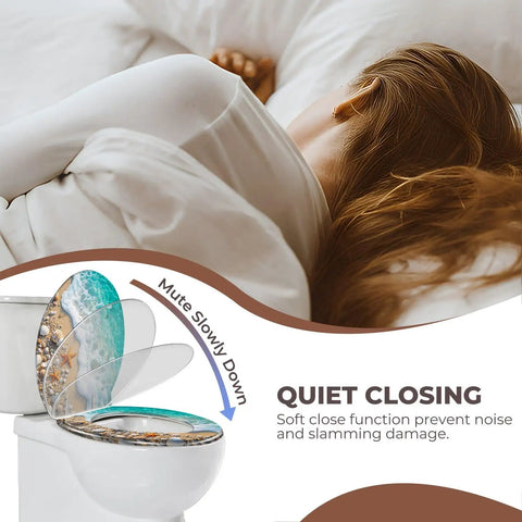 Round Toilet Seat Resin for Bathroom with soft close feature, showcasing ocean theme, designed for quiet operation.