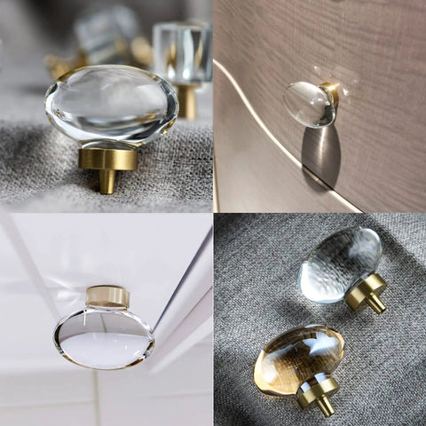 16 Pack Glass Cabinet Knobs And Pulls Dope Oval Crystal Knobs For Dressers And Cabinets Satin Brass Gold Finish Egg Shape shown in various angles