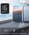 4 in 1 Portable Air Conditioner for Home or Office with Cooling and Heating, Dehumidifier, Quiet Fan, Remote Control and Touch Panel, Compact Swamp Cooler for All Season Comfort, displaying temperature and features.