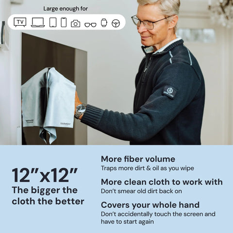 Blue microfiber cleaning cloth, 12x12 in, for screens and eyeglasses