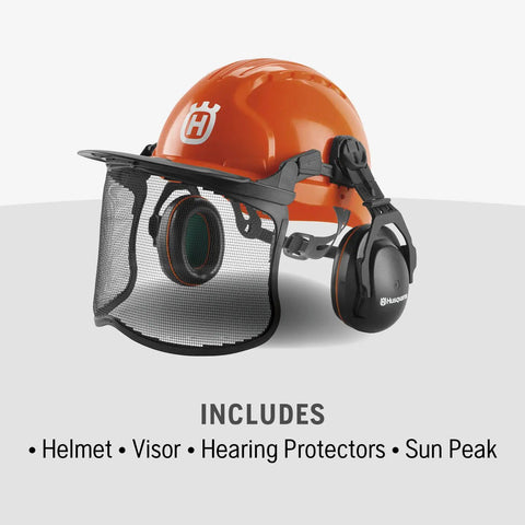 Chainsaw Helmet With Metal Mesh Face Shield, Adjustable Ear Muffs, Sun Peak, HDPE Forestry Shell, Orange, Eye Protection
