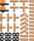 One Half Inch Drip Irrigation Fittings Kit With Thirty Seven Pieces For One Half Inch Tubing Garden Sprinkler Systems Includes Fourteen Couplings Eight Tees Five Elbows Six End Caps Two Cross Connectors And Two Drip Valves displayed.