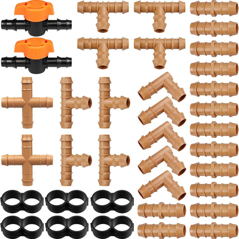 One Half Inch Drip Irrigation Fittings Kit With Thirty Seven Pieces For One Half Inch Tubing Garden Sprinkler Systems Includes Fourteen Couplings Eight Tees Five Elbows Six End Caps Two Cross Connectors And Two Drip Valves displayed.