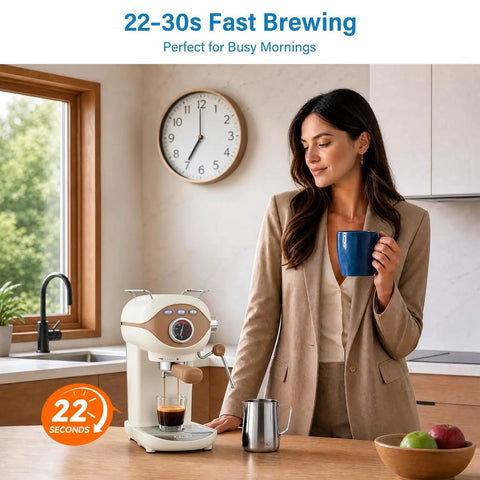 Woman brewing coffee with Compact Espresso Maker With 20 Bar Pressure And Built In Milk Frother Semi Automatic Coffee Brewer.