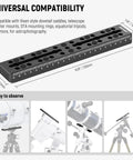 9 Inch Vixen Style Dovetail Rail Plate With Metal Mounting Saddle Dual Countersink Slots For Balancing Gear And M6 One Quarter Inch And Three Eighths Inch Camera Screws For OTA Telescope Mount Adapter And Equatorial Tripod with scale markings, shown with telescopes and tripods.