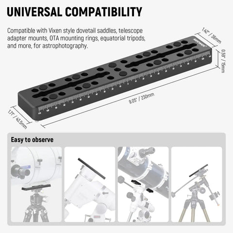 9 Inch Vixen Style Dovetail Rail Plate With Metal Mounting Saddle Dual Countersink Slots For Balancing Gear And M6 One Quarter Inch And Three Eighths Inch Camera Screws For OTA Telescope Mount Adapter And Equatorial Tripod with scale markings, shown with telescopes and tripods.