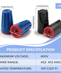 40 Piece Waterproof Wire Connectors Set For 12 To 22 AWG IP65 Rated Twist Nuts with blue and black caps, product specifications displayed.