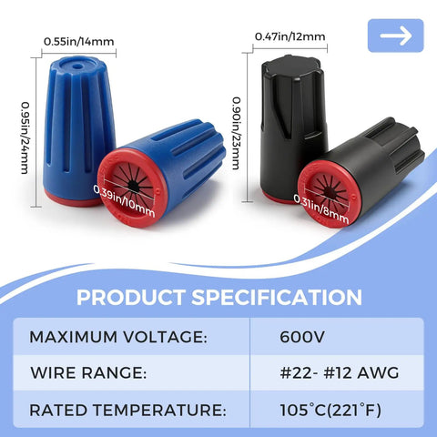 40 Piece Waterproof Wire Connectors Set For 12 To 22 AWG IP65 Rated Twist Nuts with blue and black caps, product specifications displayed.