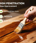 Water Based Wood Stain And Sealer In One Classic Walnut Finish 8.8 Oz Jar applied with a brush on wood surface.