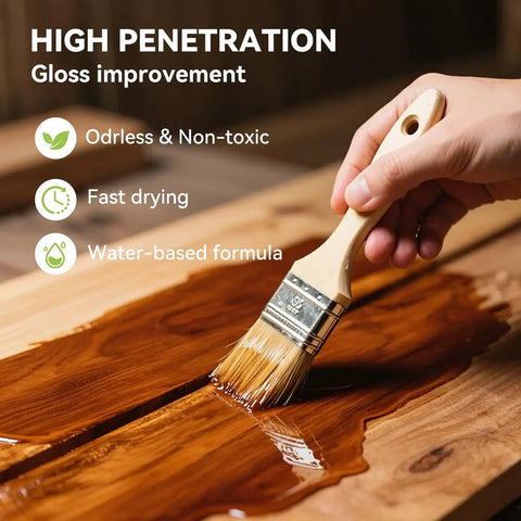Water Based Wood Stain And Sealer In One Classic Walnut Finish 8.8 Oz Jar applied with a brush on wood surface.