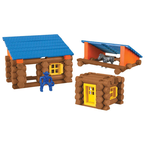 Oak Creek Lodge Wooden Building Set With 137 Real Maple Logs showing cabins and figures for kids' play and learning.
