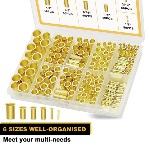 Brass compression tube inserts and ferrules assortment kit in clear organizer, 6 sizes