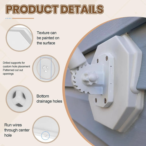 Easy Fit Mounting Block Kit For Vinyl Siding Half Inch Lap White Fits Four To Ten Inch Siding Durable ABS Construction With Paintable Surface No Fuss Simple DIY Mounting And Replacement Solution white ABS mounting block on vinyl siding with wire hole and drainage openings