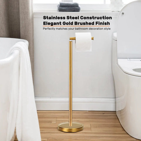 Freestanding Toilet Paper Holder Stand With Four Roll Reserve, Stainless Steel Brushed Gold Finish, shown in modern bathroom