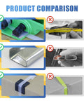 Product comparison of Heavy Duty Polypropylene Banding Strapping Kit showing effective and ineffective strapping techniques.