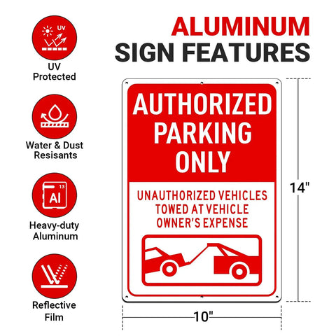 Authorized Parking Only Sign 2 Pack Towed At Owners Expense Warning Plate 14 By 10 Inch Heavy Duty Aluminum Outdoor Marker with reflective detail