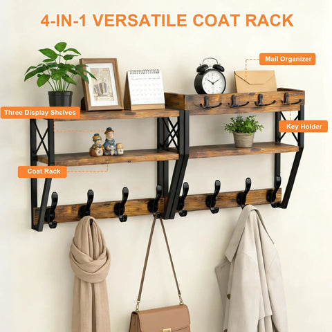 32-Inch Wall Mount Coat Rack With Shelf Must-Have 4-In-1 Key Holder Mail Organizer 12 Hooks Entryway Storage on wall