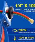 Close-up of blue retractable welding hose reel with 1/4 inch by 100 foot twin oxygen and acetylene rubber hoses, 200 PSI.