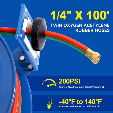 Close-up of blue retractable welding hose reel with 1/4 inch by 100 foot twin oxygen and acetylene rubber hoses, 200 PSI.